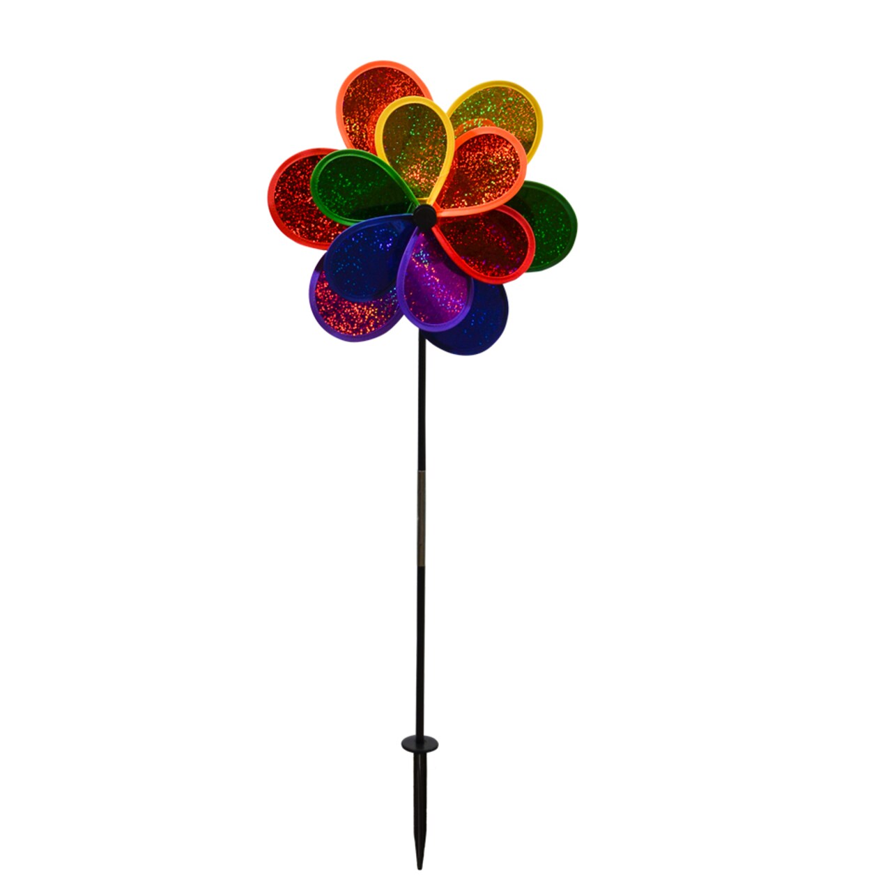 In the Breeze Mylar Rainbow Sparkle Double Flower Spinner - Colorful and Sparkly Wind Spinner for your Yard and Garden